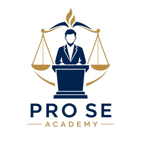 Pro Se Academy logo: a speaker at a podium beneath the scales of justice